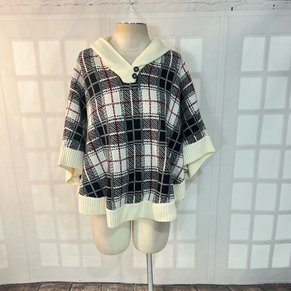 Talbots Multicolor Plaid Lapel Collar Knit Poncho Sweater Size Small